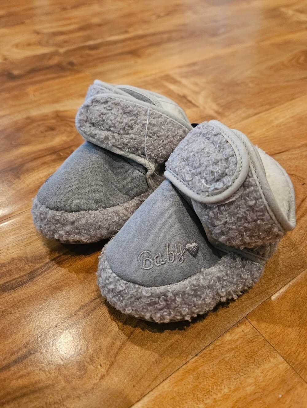 Grey Plush Baby Booties Soft Sole Slippers 12 Months Infant Shoes